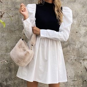 Mock Neck Puff Sleeve Colorblock Dress - M